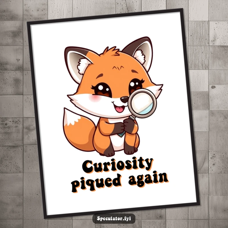 Funny digital art print of a playful fox holding a magnifying glass, ready for instant download.