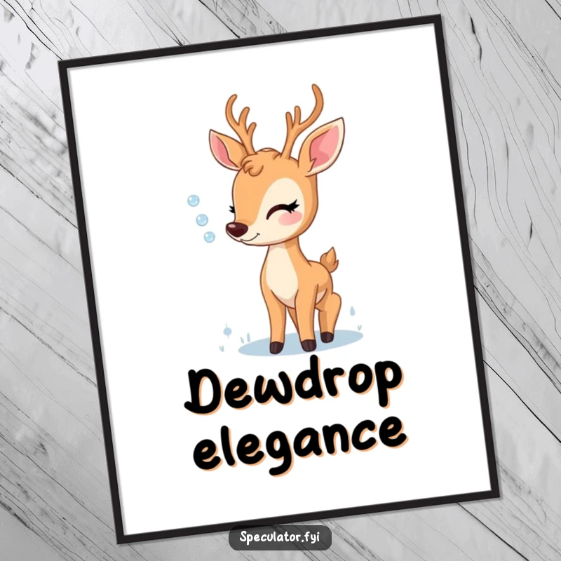 Funny digital art print of a delighted deer gazing at a dewdrop, conveying peace, wonder, and the appreciation of small natural moments.
