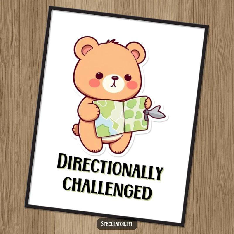 Funny kawaii bear digital art print, showing a bear holding a map and pointing, instantly downloadable art.