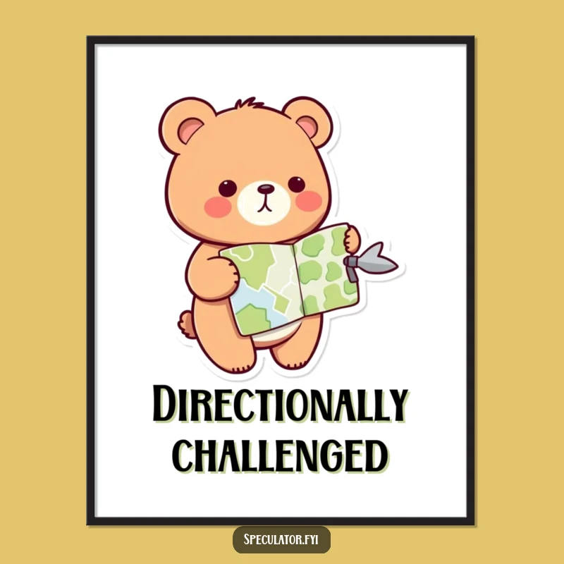 Funny Kawaii Bear Digital Art: Map Print for Adventurous Decor