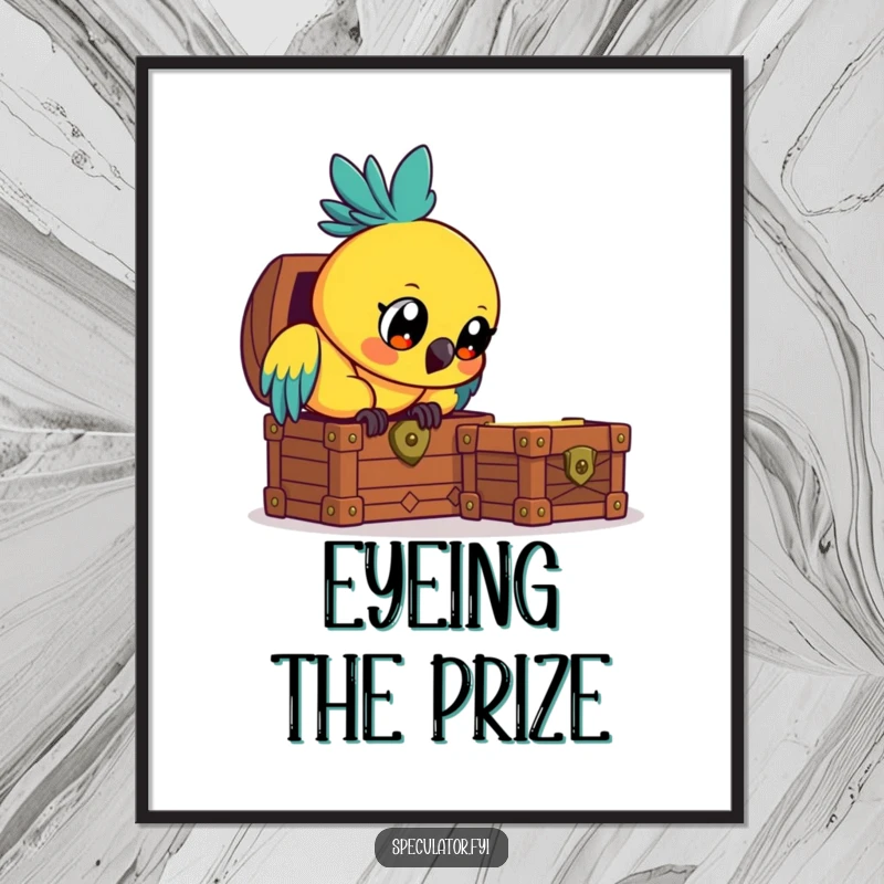 Funny curious parrot digital art print, intently observing a treasure chest, humorous wall decor.