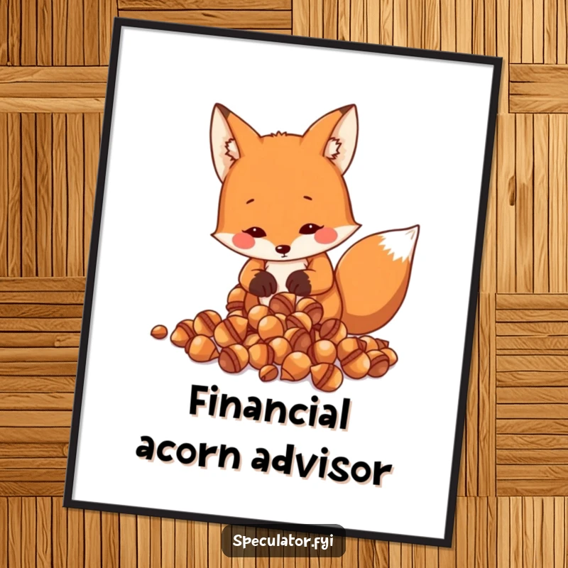 Funny Fox Digital Art Print: a resourceful fox meticulously counts shiny acorns, delivering instant humorous visual appeal.