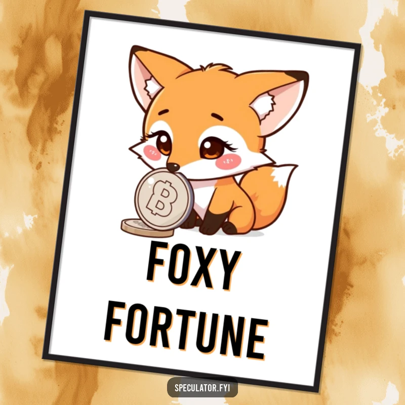Funny fox digital art, curious character watching a spinning coin, high-resolution graphic, instant download.