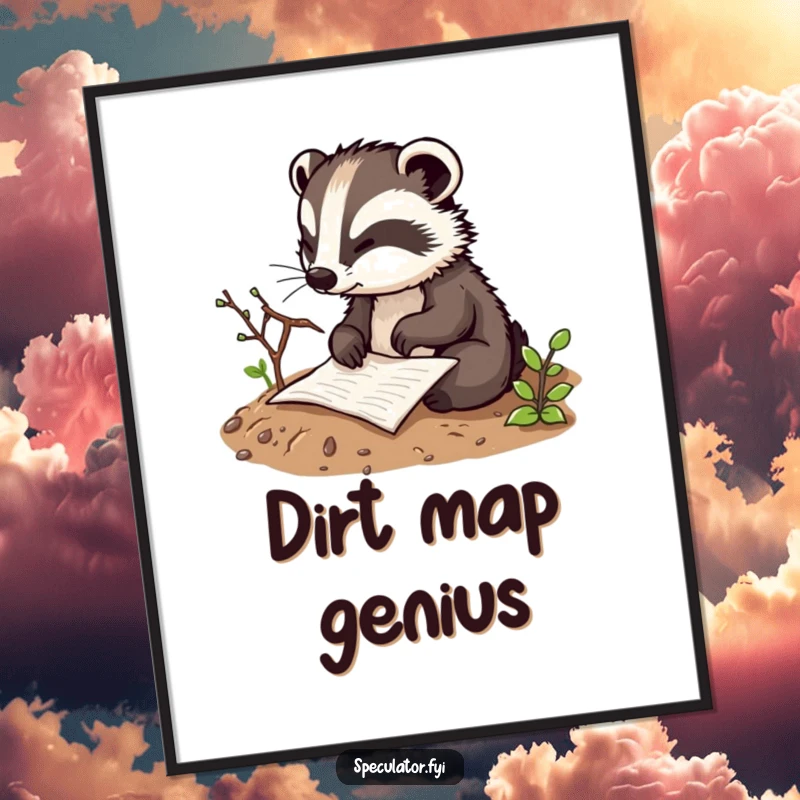 Funny thoughtful badger character digital art print sketching a plan in the dirt with a twig, offering instant humorous decor with strategic charm.