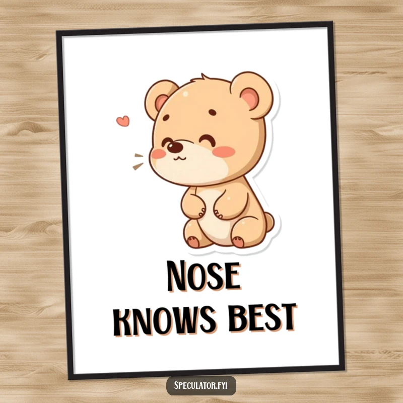 Funny digital art print of a small bear cub character with a curious expression, sniffing the air, adding humor and wonder to any display. A perfect funny gift.