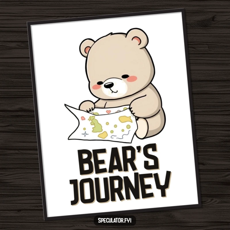 Funny digital art of a thoughtful bear studying a complex map, wise and charming for home decor.