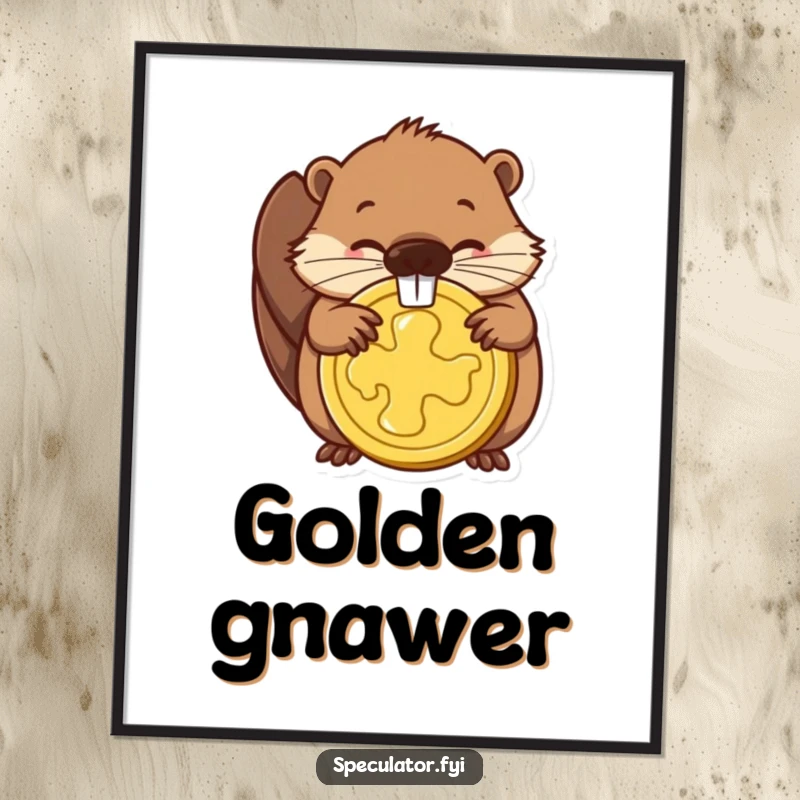 Funny digital art print of a determined beaver gnawing a golden coin, adding a humorous and motivational touch to home decor.