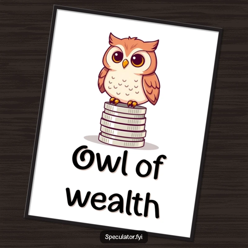 Funny digital art print of a curious owl perched on a stack of coins, symbolizing wisdom, financial prosperity, and insightful observation.