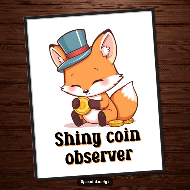 Funny digital art of a classy fox wearing a small top hat, looking at a gold coin, sophisticated and amusing.
