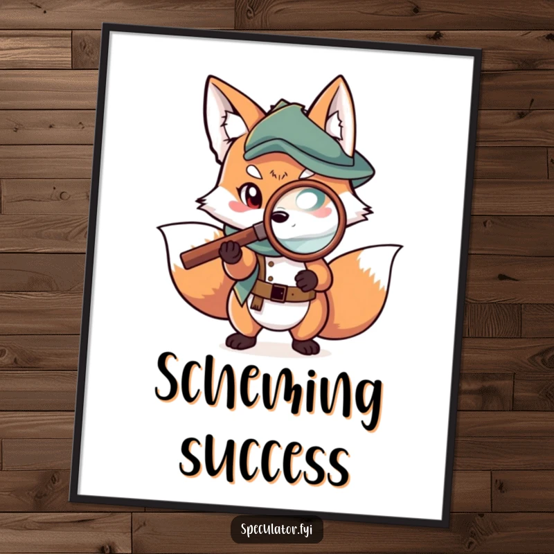 Funny fox digital art print of a character examining a map with a magnifying glass, instant adventurous wall decor.