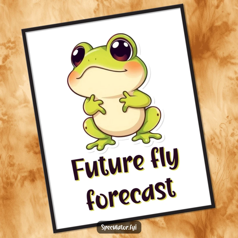 Funny digital art print of a hopping frog character with a speculative, upward-looking expression, ready to brighten any room.