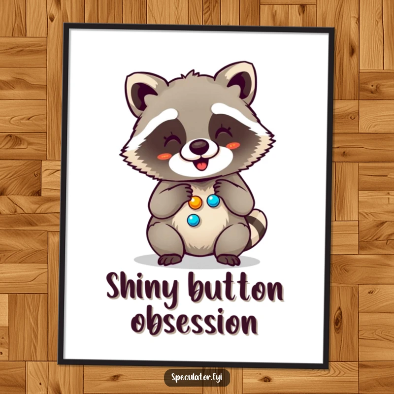 Funny digital art print of a giggling raccoon engrossed in counting its shiny buttons, conveying happiness and a love for collecting.