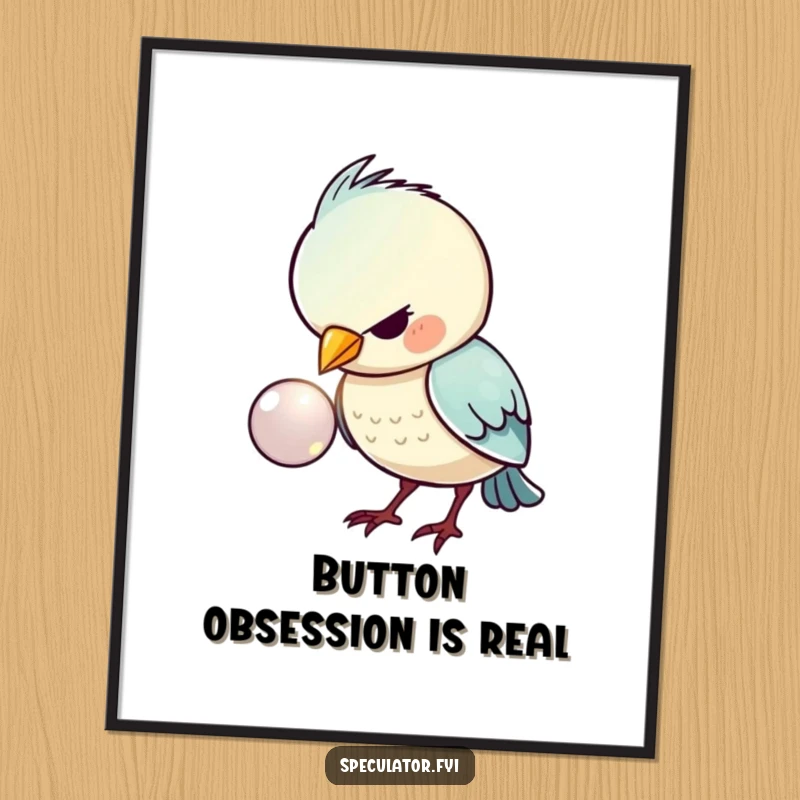 Funny digital art print of a kawaii bird examining a shiny button with intense focus, offering instant humorous decor.