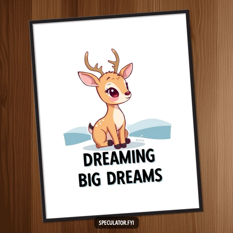 Funny kawaii deer digital art print, showing a thoughtful deer gazing at a distant horizon, instantly downloadable art.