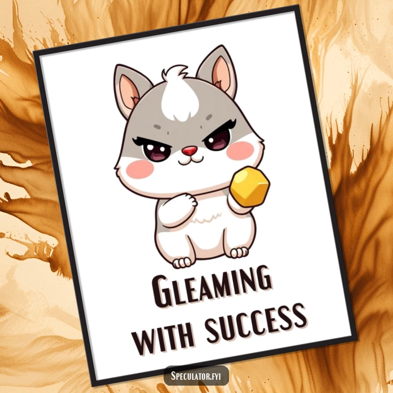 Funny Kawaii animal digital art print with sly wink holding a golden nugget, witty decor and a funny gift.