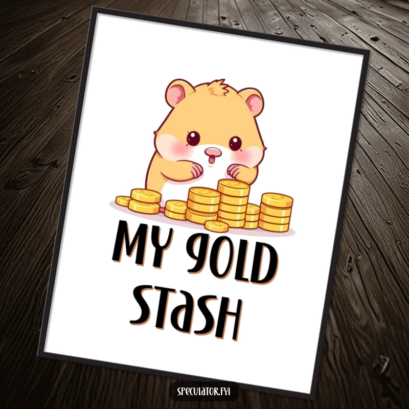 Funny kawaii hamster character gleefully counting a massive pile of shiny gold coins, high resolution digital art print.