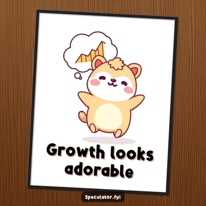 Funny Kawaii animal digital art print bouncing with a rising graph, cheerful decor and a funny gift.
