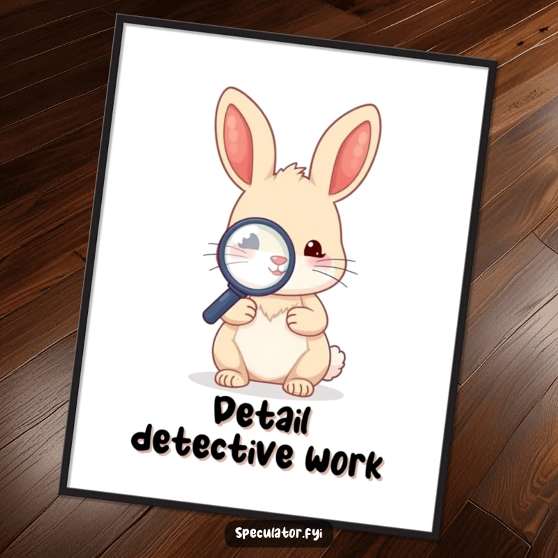 Funny kawaii rabbit character holding a magnifying glass and intensely examining a tiny object, high resolution digital art print.