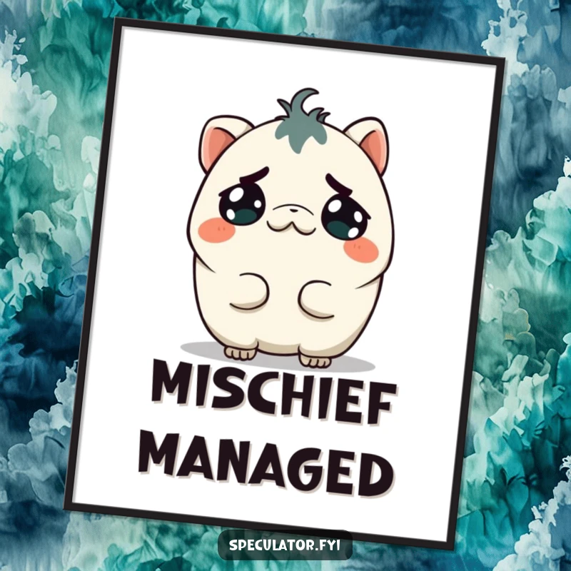 Funny Kawaii Creature Digital Art: A small Kawaii creature grins mischievously, tilting its head, capturing funny, calculated plotting.