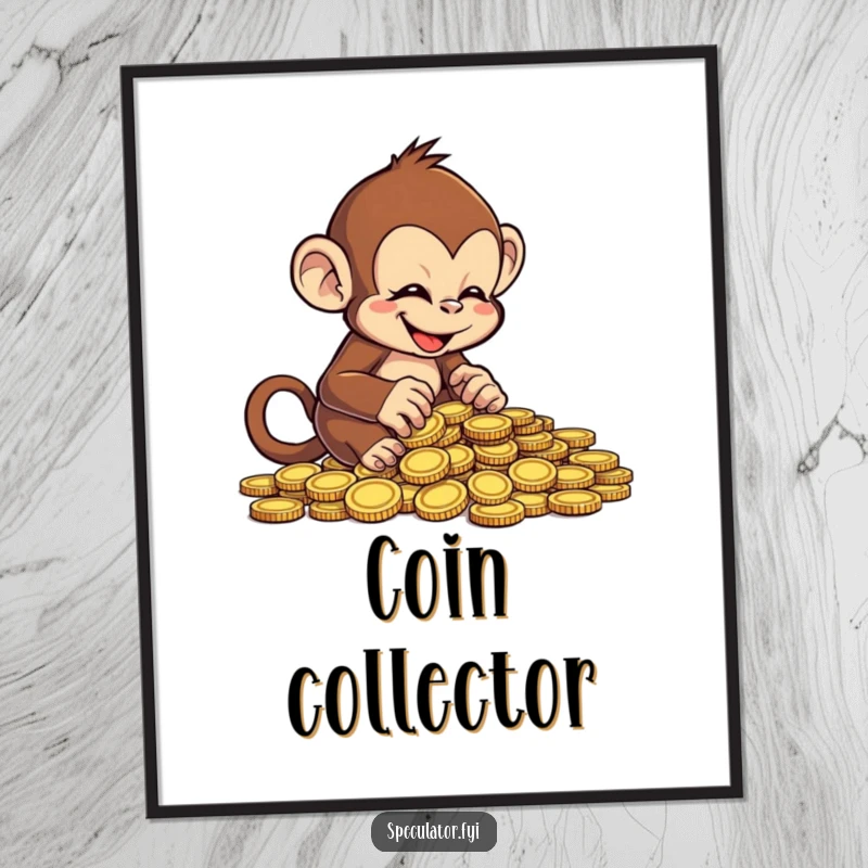 Funny cheeky monkey digital art print, joyfully counting a pile of coins, humorous wall decor.