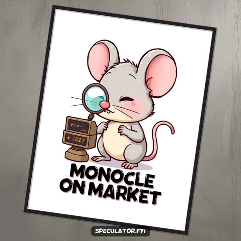 Funny digital art print of a clever mouse with a monocle, examining a floating market ticker, adding financial humor and sophistication to any display. A perfect funny gift.