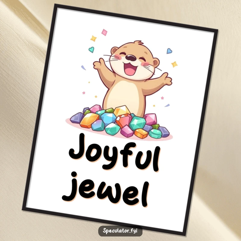 Funny digital art print of a joyful otter dancing around gems, ideal for instant, cheerful home decor and art enthusiasts.