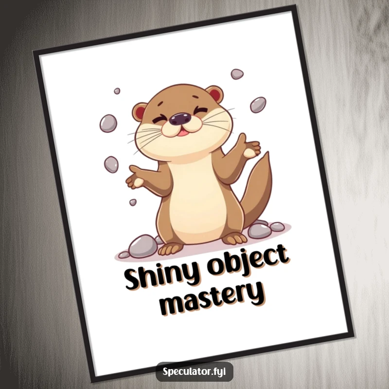 Funny playful otter character digital art print juggling shiny pebbles with impressive dexterity, offering instant humorous decor with aquatic charm.