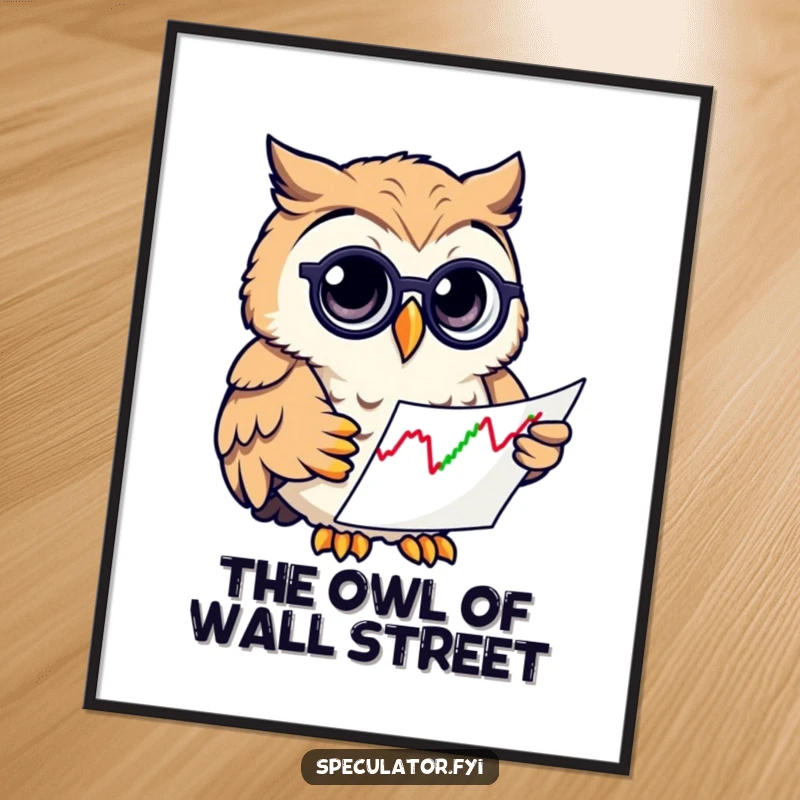 Funny digital art print of an owl wearing a monocle, analyzing stock charts, ready for instant download.