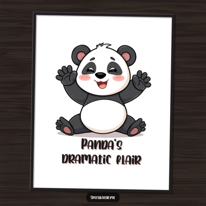 Funny Digital Art Print featuring a smiling panda performing a dramatic pose, perfect for adding instant theatrical humor and charm.