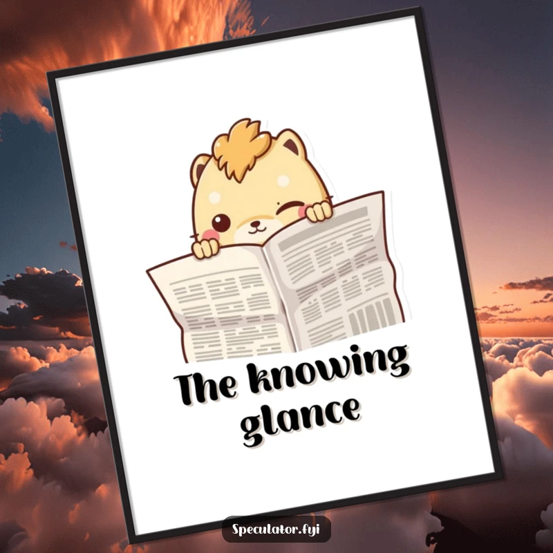 Funny creature peeking from behind a newspaper with a knowing smirk, available as a printable digital art file.
