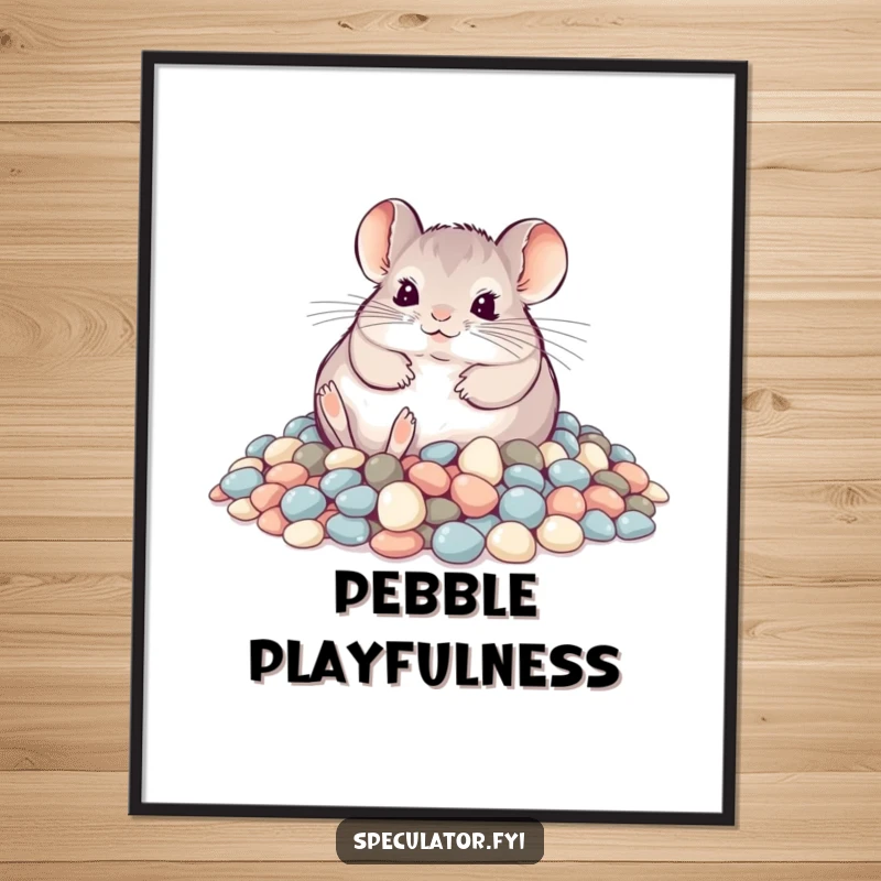 Funny playful chinchilla rolling in shimmering pebbles, digital art print, humorous and vibrant.