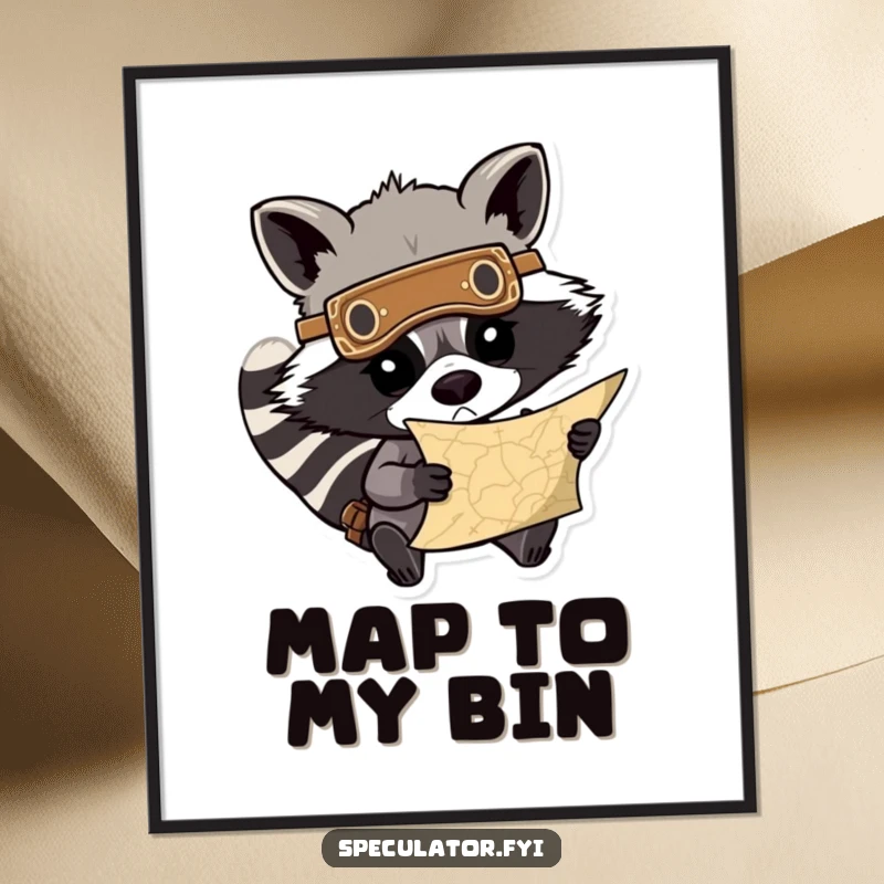 Funny digital art print of a determined raccoon with a mask, peering intently at a treasure map, adding humor and adventure to any display. A perfect funny gift.