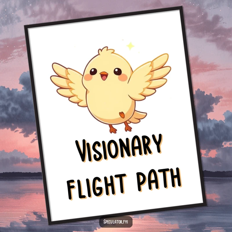 Funny bird digital art of a happy character with wings spread, soaring towards a beautiful, distant shimmering light.