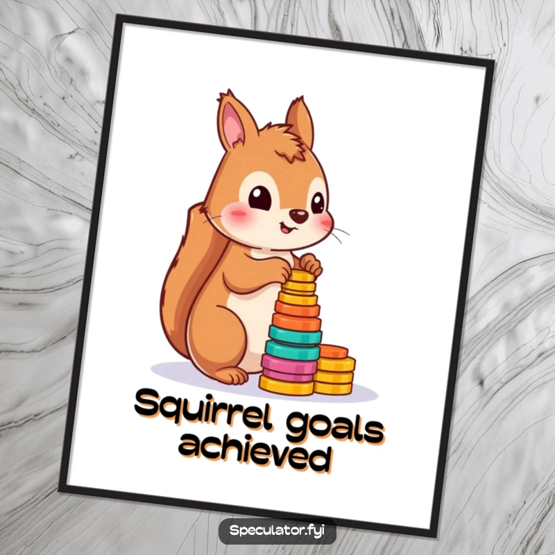 Funny digital art print of a playful squirrel counting a stack of vibrant tokens, ready to be printed and displayed.