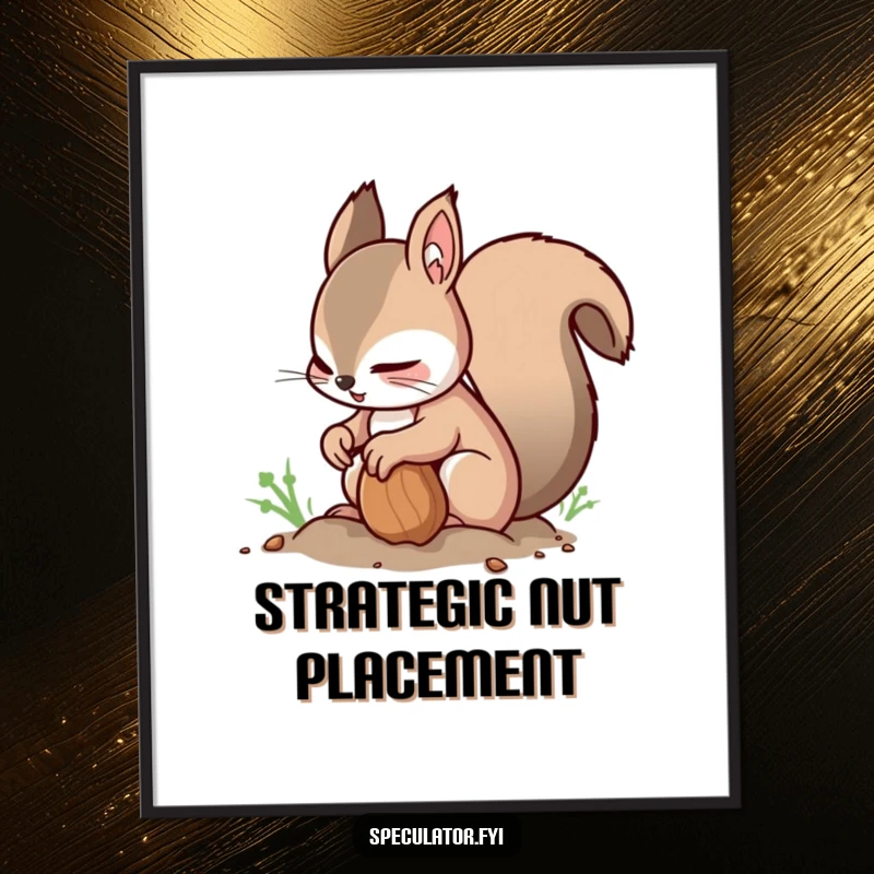 Funny Squirrel Digital Art Print: a nimble squirrel buries a nut while glancing around, delivering instant humorous visual appeal.