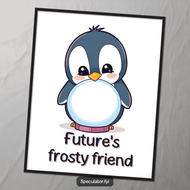 Funny curious penguin smiling while peering into a crystal ball, digital art print, humorous and charming.