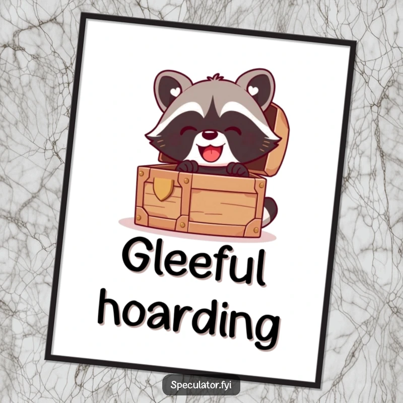 Funny kawaii raccoon digital art print, showing a raccoon peering into a treasure chest with extreme glee, instantly downloadable.