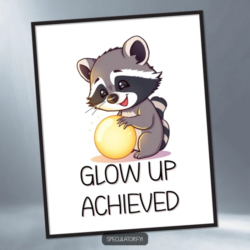 Funny happy raccoon examining a mysterious, glowing orb, digital art print, humorous and atmospheric.