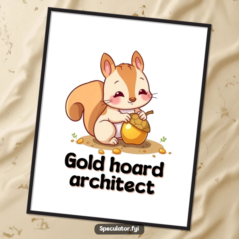 Funny squirrel digital art print of a character burying a shiny gold acorn, instant humorous wall decor.