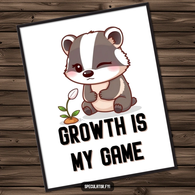 Funny Badger Digital Art Print: A winking badger observes a sprouting seed, a sneaky and humorous printable.