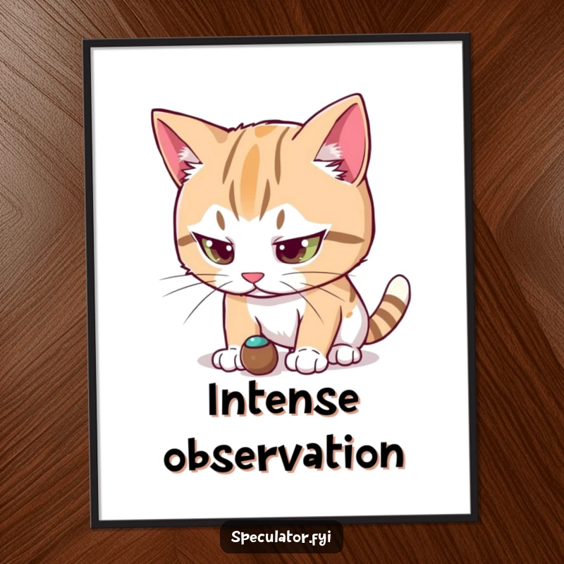 Funny cat character digital art print intensely focused on a small moving object, offering instant humorous decor with feline concentration.