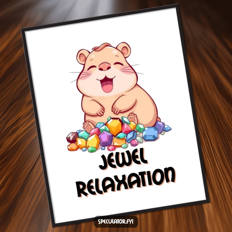 Funny capybara digital art print of a character relaxing near a pile of jewels, instant elegant wall decor.