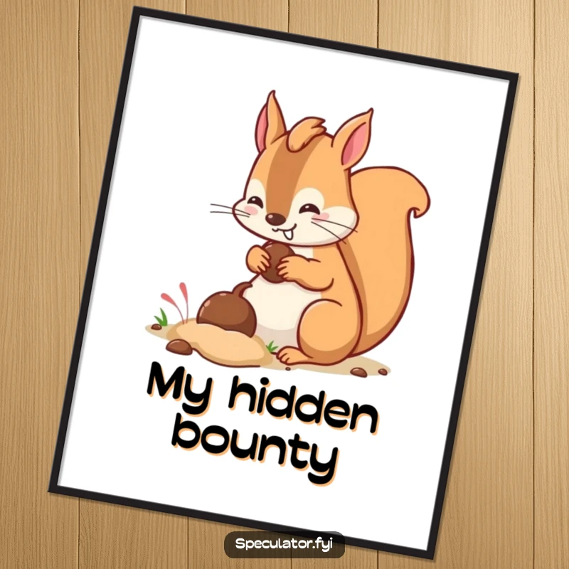 Funny kawaii squirrel character with a sly grin burying a nut in the ground, high resolution digital art print.