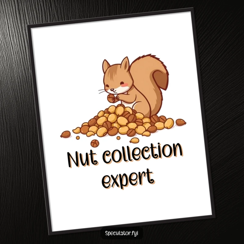 Funny digital art of a squirrel meticulously sorting nuts into neat piles, whimsical and charming for home decor.