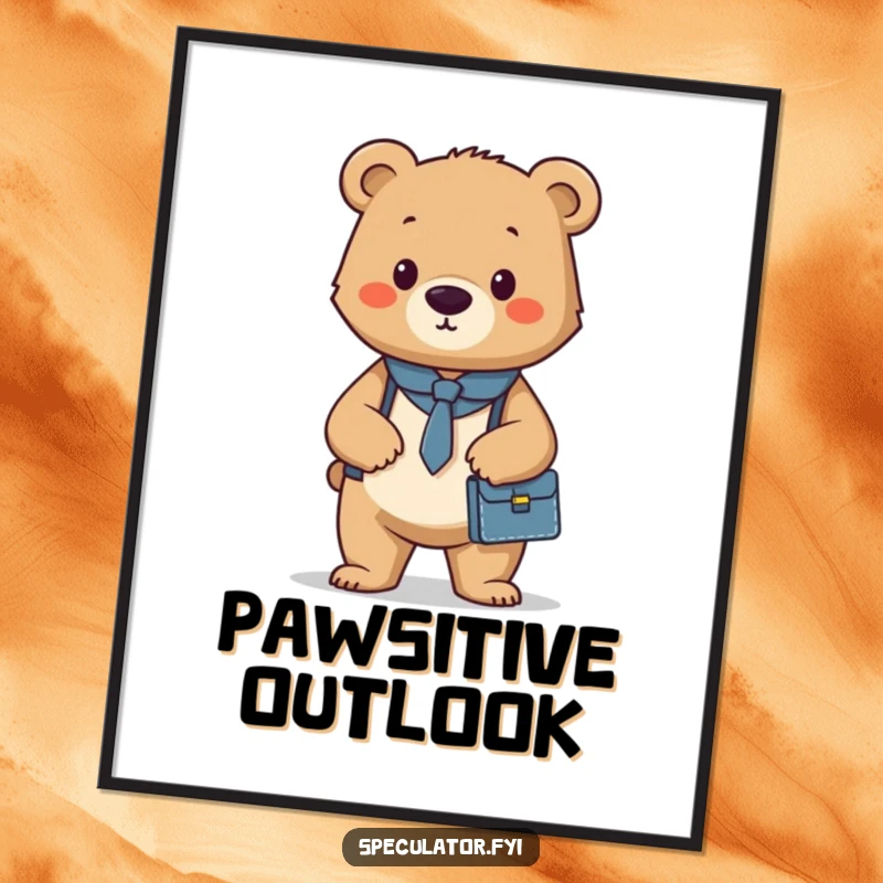 Funny digital art print of a confident bear cub with a briefcase, ideal for instant, motivational home decor for ambitious individuals.