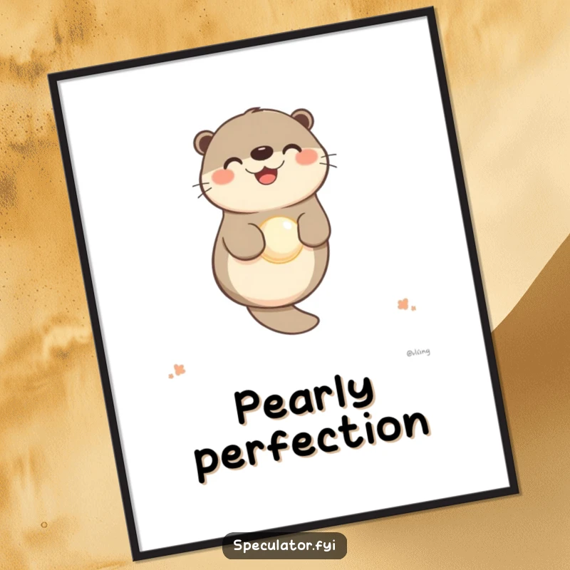 Funny otter digital art print of a happy character floating with a pearl, instant serene wall decor.