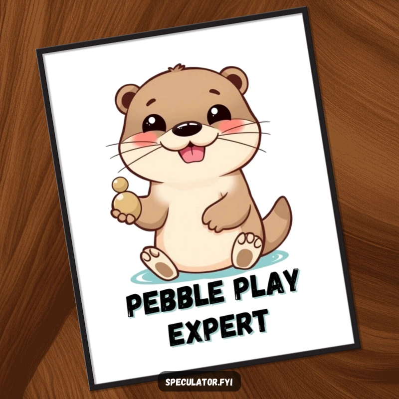 Funny digital art print of a lively otter character with a playful grin, tossing a shiny pebble, adding humor and cheer to any display. A perfect funny gift.