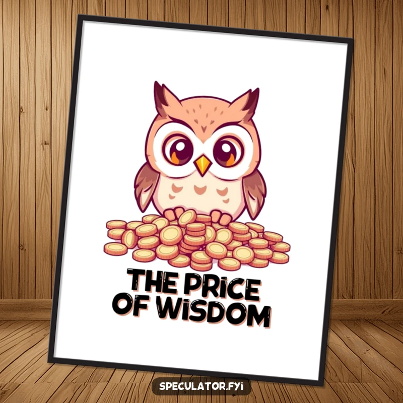 Funny kawaii owl with wide eyes looking at a scattered pile of coins, available as an instant download for humorous wall art.