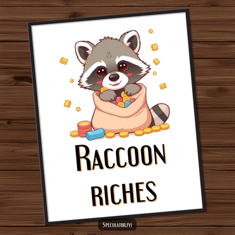 Funny raccoon digital art print of a character peeking into a bag of riches, instant humorous wall decor.