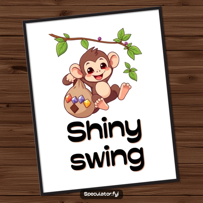 Funny digital art of a playful monkey swinging from a vine with a bag of gems, exciting and charming for home decor.